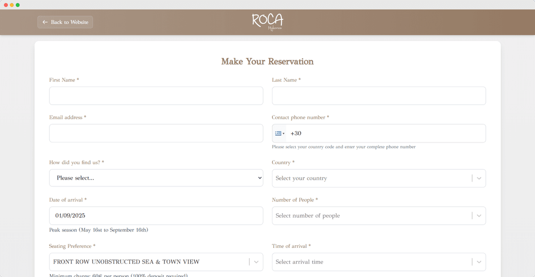 Roca Mykonos Reservation System